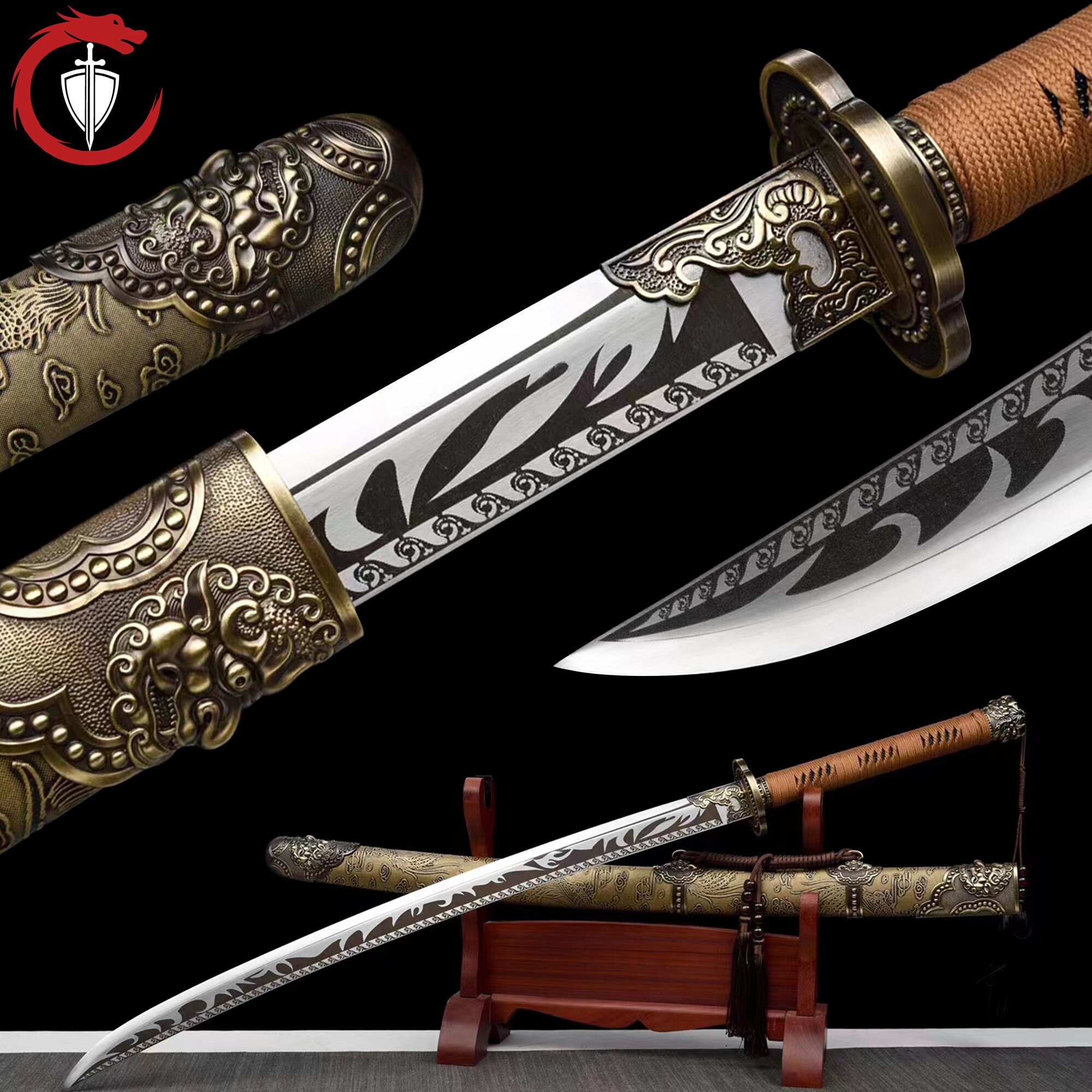  Samurai - Espada Katana real de anime, espada Katana de acero  1060 para extinguir aceite de acero, espada Katana real Sharp para  coleccionar cosplay (negro) : Deportes y Actividades al Aire Libre