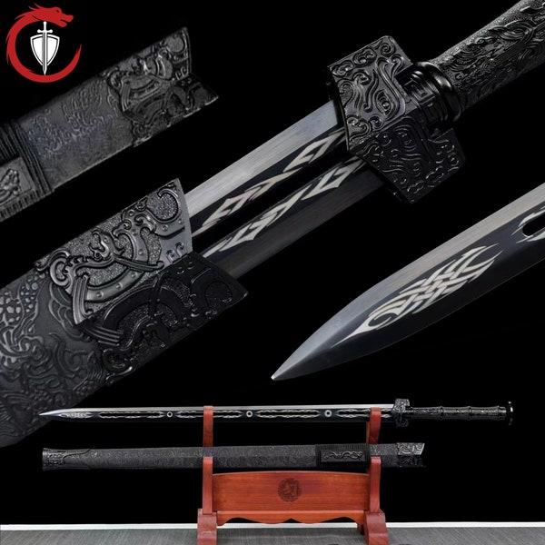 Espada auténtica japonesa forjada a mano de acero frío con alto contenido de carbono 1060, templada en caliente, espiga completa, funcional, afilada, negra...