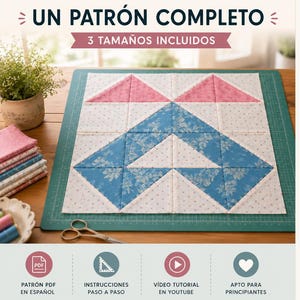 Puede incluir: Un patrón de bloque de acolchado titulado UN PATRÓN COMPLETO con triángulos de tela floral rosa y azul sobre fondo blanco. La imagen incluye el texto HST ENLACES, 3 TAMAÑOS INCLUIDOS y muestra tamaños terminados de 8, 10.5 y 12 pulgadas.