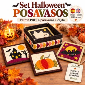 Puede incluir: Un conjunto de cuatro posavasos de tela acolchada y una caja de almacenamiento cuadrada a juego con diseños de Halloween que incluyen un fantasma, una casa encantada, una calabaza y un murciélago. El texto dice Set Halloween POSAVASOS, Patrón PDF.