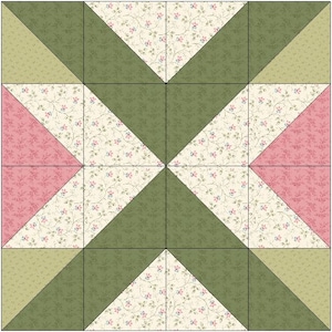 Puede incluir: Un bloque de edredón de patchwork con un diseño simétrico. El bloque está compuesto por cuadrados y triángulos en tonos de verde, rosa y crema. Las secciones de color crema tienen un estampado floral, creando un diseño textil visualmente atractivo.