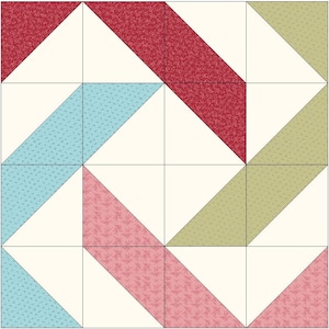 Puede incluir: Un cuadrado de patchwork con un patrón repetitivo de triángulos y rectángulos. El diseño presenta triángulos en rojo, azul claro y verde oliva, sobre un fondo crema. El cuadrado del edredón está dividido en una cuadrícula de cuadrados más pequeños.