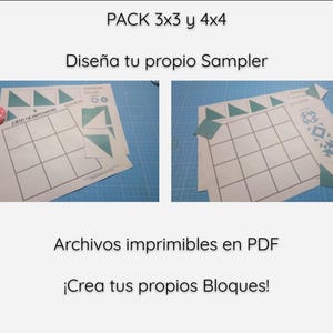 Puede incluir: Dos plantillas PDF imprimibles para crear tu propio sampler con cuadrículas de 3x3 y 4x4. Las plantillas están impresas en papel blanco y presentan formas de triángulos azules.