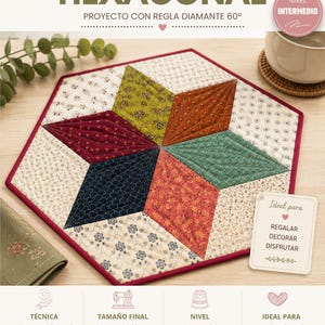 Puede incluir: Individual mantel hexagonal de patchwork con un diseño de estrella en varios colores, incluyendo rojo, verde y naranja. El tamaño final es de aproximadamente 44 x 38 cm. El texto en la imagen dice "Patchwork Fan".