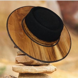 Black Felt Boater Hat - Rustic Wooden Brim in color brown - Gambler - Western hat - Indigenous - Handmade hat - Wooden Edge Unisex Gift idea