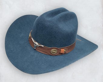 Blue High-quality Wool Felt Cowboy Hat with Leather band with bull -  Outback Western La Sierra Texana - Tejana hat – Unisex