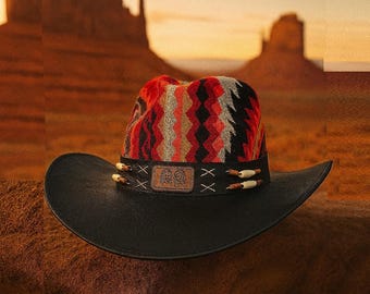 Black Leather Outback Hat with patterned fabric - Indigenous Design High quality hat made of leather | Handmade | Gift idea | Men and women