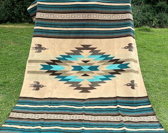 Handcrafted Alpaca Wool Blanket Beige Light Blue Navajo Reversible Southwestern Indigenous Crafters Soft Warm Throw FREE SHIPPING! Home Gift