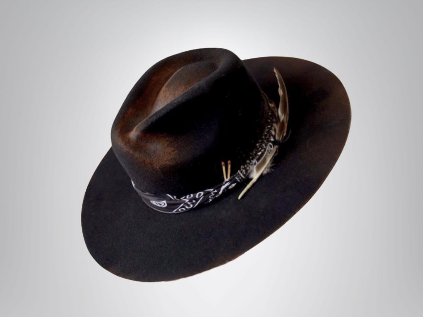HAT Black Fedora Felt Hat Attached Tribal Print Hat Band New Cowboy Western … 3X Bandera in Black | Larry Mahan Wool Felt Western – Larry  main image 2