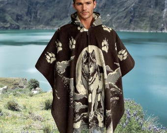 Alpaca Wool Poncho with Hood | Soft and Comfortable Wool - Lightweight | Wolf and moon | color brown | Made by Indigenous Hands | Gift idea
