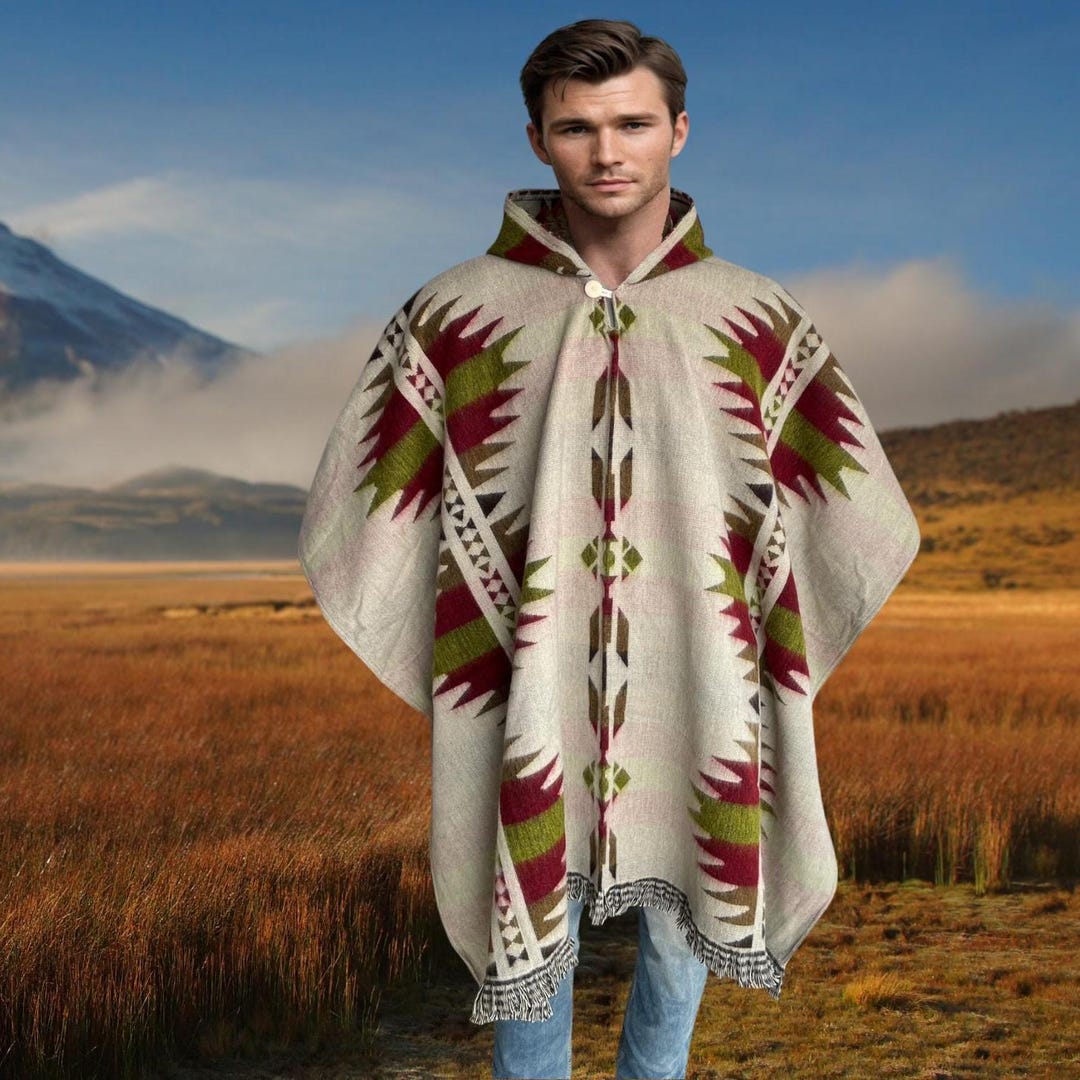 アルパカポンチョ – 南西部風クリームホワイト – フード付きウール