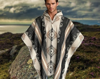 Luxurious Thick Sheep Wool Poncho Hood  Beige Black | Soft Comfortable Wool | Native Design Navajo | Made by Indigenous Hands | Southwestern