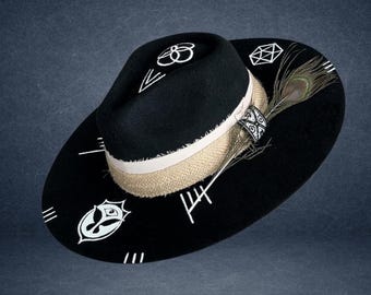 Black Wool Felt Wide Brim Fedora Hat With Woven Band Boho  display picture 1