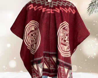 Alpaca Poncho - Ancestral Design Poncho - Hooded Wool Poncho - Poncho for men and women - Alpaca Geometric Poncho - Ancestral Red Design