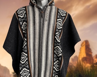 100% Wool-Poncho with Hood | Black Poncho | Soft and Comfortable Wool - Lightweight | Native Design | Made by Indigenous Hands | Gift Idea