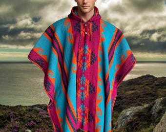 Thick Luxurious Sheep Wool Poncho Hooded Pink blue | Soft Comfortable Wool Navajo | Native Design | Made by Indigenous Hands | Southwestern