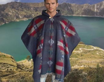 Alpaca Poncho with Hood in blue (Blue Lake) | Soft and Comfortable Wool - Lightweight | Native Design | Made by Indigenous Hands | Gift idea