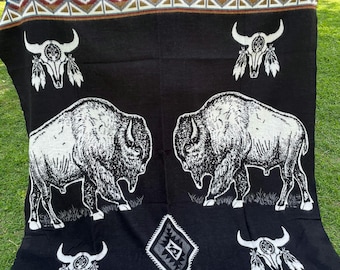 Handcrafted Alpaca Wool Blanket - Black Buffalo Navajo Indian Reversible Southwestern Indigenous Crafters Soft Warm Home Gift FREE SHIPPING