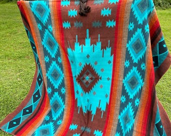 Handcrafted Alpaca Wool Blanket brown turquoise Navajo King Reversible Southwestern Indigenous Crafters Soft Warm Throw! FREE SHIPPING! Home