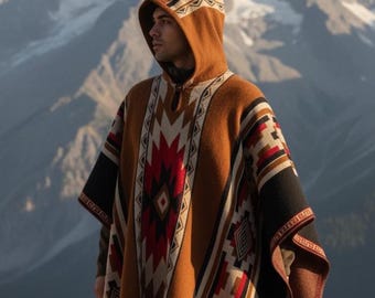 Poncho de alpaca en marrón/negro. Hecho a mano por artesanos indígenas navanjos. Suave y cálido, con capucha. Talla única. Estilo boho hippie. Idea de regalo.