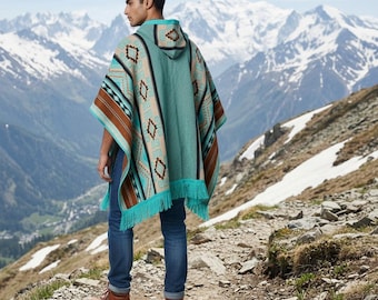 Alpaca Wool Poncho in Green/turquoise. Navajo Southwestern Poncho Handcrafted by Indigenous Hands. Soft and warm with hood. One size Unisex