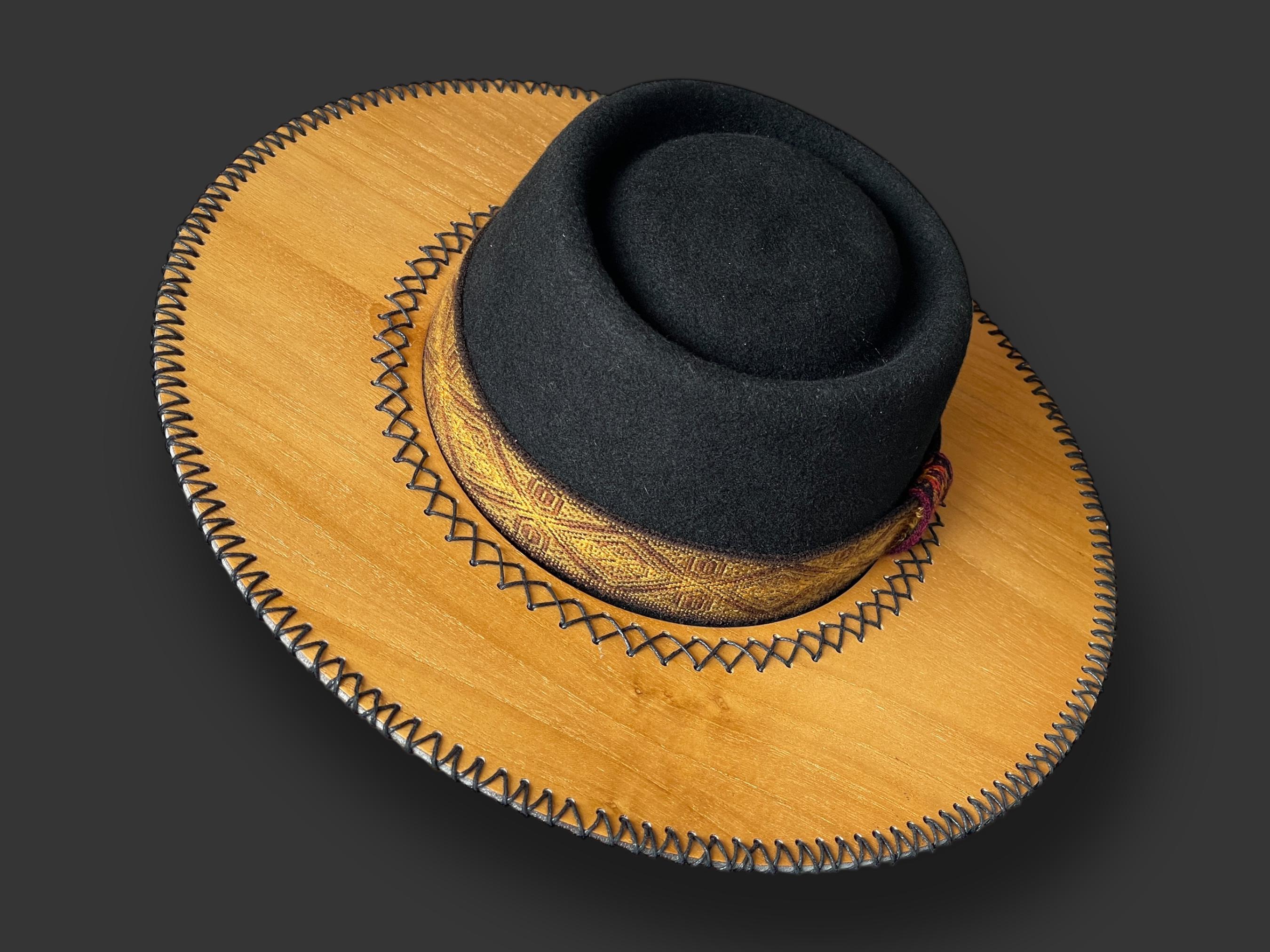 Black Felt Boater Hat - Rustic Wooden Brim in Color Brown  display picture 1