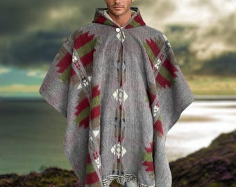 Alpaca Poncho - Ancestral Design Poncho - Hooded Wool Poncho - Poncho for men and women - Alpaca Geometric Poncho - Ancestral Gray Design
