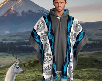 Alpaca Poncho with Hood color blue/gray | Soft and Comfortable Wool - Lightweight | Native Design | Made by Indigenous Hands |