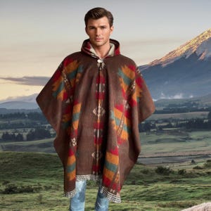 Alpaca Poncho with Hood color brown | Soft and Comfortable Wool - Southwestern | Native Design Navajo | Made by Indigenous Hands | Gift idea