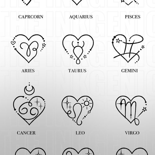 Heart Zodiac Signs Set of 2 Temporary Tattoo Flash - Etsy