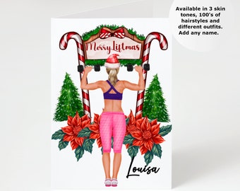 Tarjeta personalizada para amantes del gimnasio. Tarjeta navideña para chicas fitness. Tarjeta navideña divertida para entrenadoras, levantadoras de pesas y levantadoras de potencia.