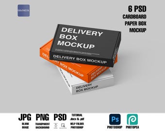 May include: A mockup of three cardboard boxes stacked on top of each other. The top box is black with white text that reads "DELIVERY BOX MOCKUP". The middle box is orange with white text that reads "DELIVERY BOX MOCKUP". The bottom box is white with black text that reads "DELIVERY BOX MOCKUP".
