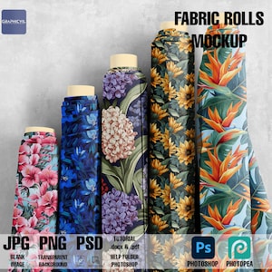May include: Mockup of fabric rolls featuring various floral patterns. The rolls are arranged vertically, with the top roll displaying a tropical bird of paradise design, the next roll has a sunflower pattern, the next roll has a hyacinth pattern, the next roll has a blue floral pattern, and the bottom roll has a pink floral pattern. The image includes the text "FABRIC ROLLS MOCKUP" and "JPG PNG PSD".