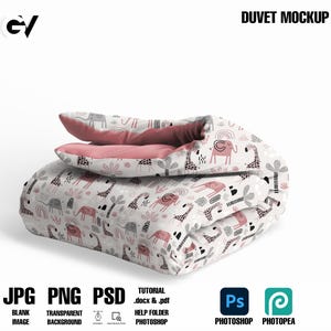 May include: A folded duvet with a white background. The duvet features a pattern of pink elephants, giraffes, and rainbows. The top layer is folded over, revealing a pink interior. The words "DUVET MOCKUP" are at the top.