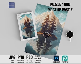 May include: A mockup of a 1000 piece jigsaw puzzle featuring a mountain and lake scene. The puzzle is displayed on a table alongside a cup of coffee and the puzzle box. The box is labelled with "1000" and "Puzzle 1000 Mockup Part 2".