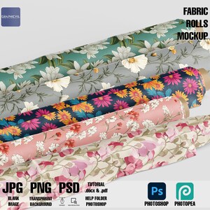 Peut inclure: Cinq rouleaux de tissu avec des motifs floraux. Les rouleaux de tissu sont disposés en pile, le rouleau du haut étant un tissu vert clair avec des fleurs blanches. Le rouleau suivant est un tissu gris avec des fleurs blanches. Le troisième rouleau est un tissu bleu foncé avec des fleurs roses et jaunes. Le quatrième rouleau est un tissu rose avec des fleurs blanches. Le rouleau du bas est un tissu beige clair avec des fleurs roses.