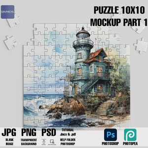 May include: A 10x10 piece jigsaw puzzle mockup with a watercolor painting of a lighthouse on a rocky shore. The puzzle is partially assembled with some pieces missing. The image includes the text "PUZZLE 10X10 MOCKUP PART 1".