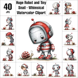 Könnte beinhalten: Aquarell-Clipart-Set mit skurrilen Robotern und Schnecken. Die Roboter sind hauptsächlich weiß mit roten Akzenten, und die Schnecken haben gestreifte Gehäuse. Der Text "Huge Robot and Tiny Snail - Whimsical Watercolor Clipart" ist oben zu sehen.