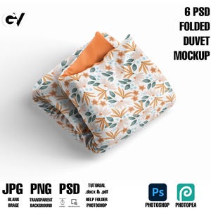 May include: A folded duvet mockup with a floral pattern in shades of orange, white, and blue. The duvet is folded into a rectangular shape and is sitting on a white background. The image is a mockup for a product listing.