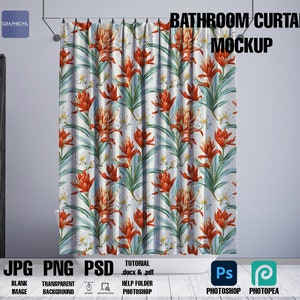May include: A white bathroom shower curtain with a floral pattern featuring red and green flowers. The curtain is hanging in a bathroom with a white bathtub and a wooden floor. The text "BATHROOM CURTAIN MOCKUP" is displayed above the curtain.