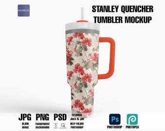40oz Tumbler Mockup: Stanley Quencher, Vinyl Decal, Sticker (PSD)