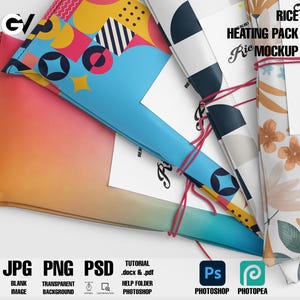 May include: A mockup of a rice heating pack with three different patterned fabric wraps. The pack is tied with a red string and the fabric wraps are folded over the top. The text "RICE HEATING PACK" and "Rie MOCKUP" is printed on a white label.