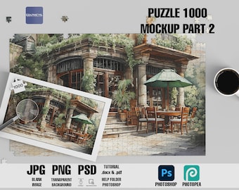 May include: A mockup of a 1000 piece jigsaw puzzle featuring a watercolour painting of a cafe with a green awning and outdoor seating. The puzzle is on a white surface with a magnifying glass and a cup of coffee.