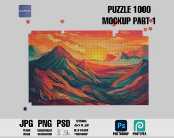 May include: A 1000 piece jigsaw puzzle mockup featuring a colourful landscape with mountains, a sunset, and a sun. The puzzle is in a frame with the text "PUZZLE 1000 MOCKUP PART 1" at the top.