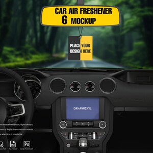 May include: A black car interior with a yellow car air freshener mockup hanging from the rearview mirror. The text "CAR AIR FRESHENER 6 MOCKUP" is on the yellow air freshener. The text "PLACE YOUR DESIGN HERE" is on a white rectangle hanging from the air freshener.
