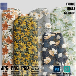 Puede incluir: Maqueta de rollos de tela con patrones florales. Los rollos están apilados, mostrando patrones de flores naranjas y blancas, girasoles amarillos, flores blancas sobre fondo azul y flores blancas sobre fondo verde. El texto "FABRIC ROLLS MOCKUP" está en la parte superior de la imagen.