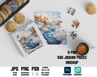 May include: A 5x5 jigsaw puzzle mockup featuring a winter landscape scene, with some pieces assembled and others scattered. The box is labelled "JIGSAW PUZZLE" and "PUZZLE MOCKUP 5X5". The image also includes a cup of coffee and some pastries.