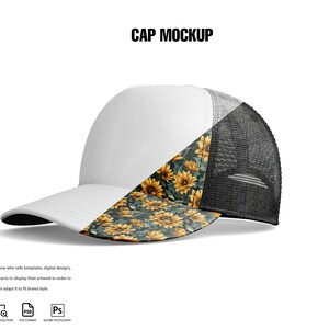 May include: White and black trucker cap with a sunflower pattern on the front. The cap is a mockup for displaying designs.
