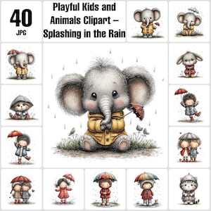 Op de afbeelding: Digitale clipartset met 40 JPG-afbeeldingen van speelse kinderen en dieren. De illustraties tonen een olifant en kinderen die van de regen genieten met paraplu's. De afbeeldingen zijn in aquarel stijl.