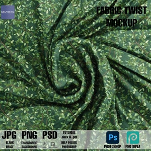 以下が含まれることがあります： 葉っぱの模様がついた緑色の布が螺旋状にねじれています。この布はデザインプロジェクトのモックアップです。画像の上部には「FABRIC TWIST MOCKUP」というテキストがあります。画像の下部には「JPG PNG PSD」というテキストと、「BLANK IMAGE」、「TRANSPARENT BACKGROUND」、「TUTORIAL .docx & .pdf HELP FOLDER PHOTOSHOP」というテキストがあります。PhotoshopとPhotopeaのロゴも画像の下部にあります。